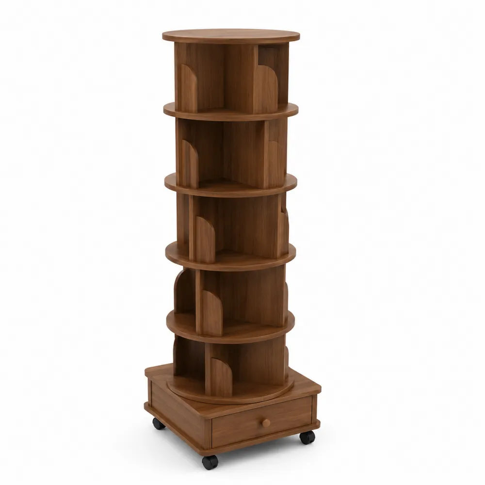 Étagère rotative en bois d'acajou avec roulettes, couleur Marron