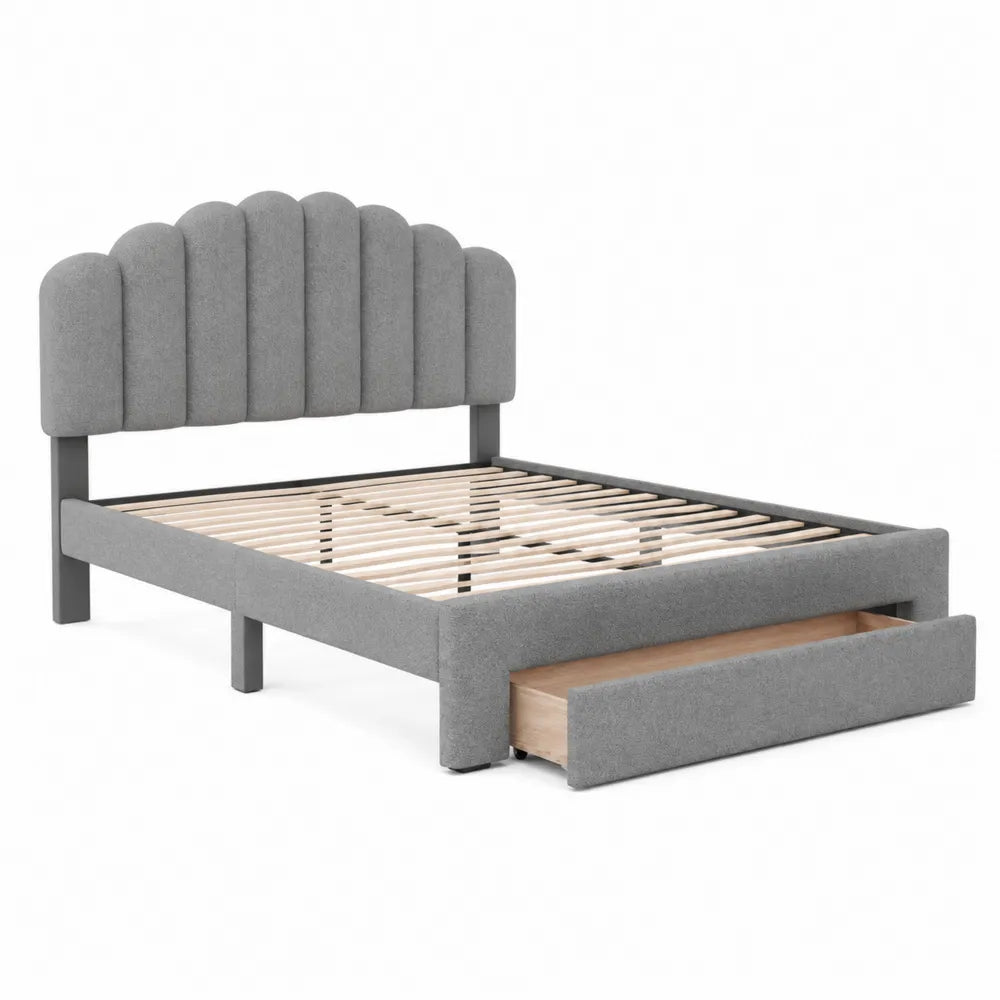 Lit double en bois et tissu avec tiroir 140x200 cm