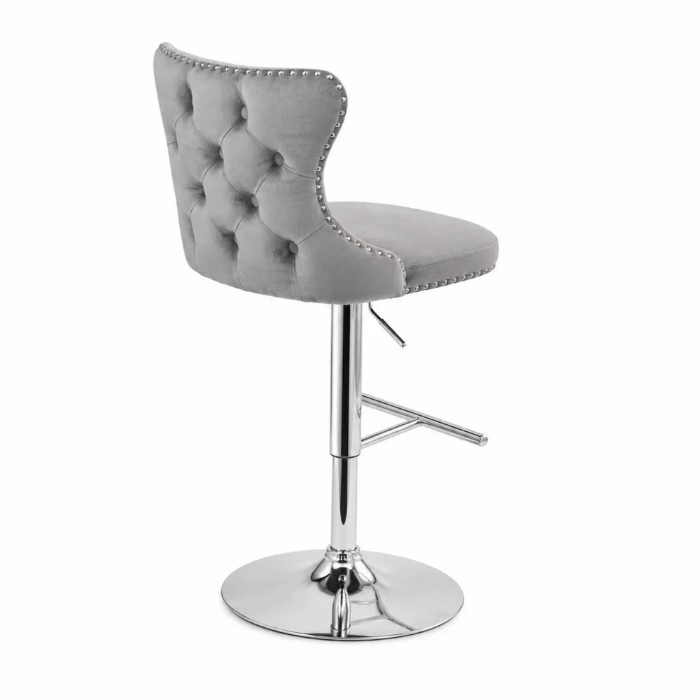 Chaise de bar en velours gris avec pied chromé