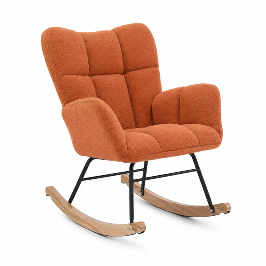 Fauteuil à bascule en tissu bouclette orange avec pieds en bois et métal