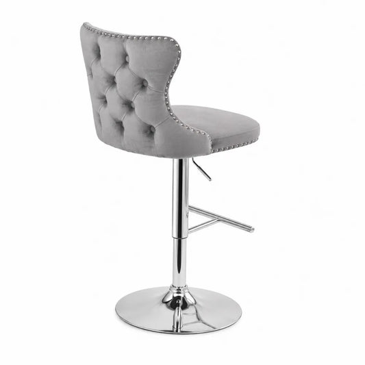 Chaise de bar en velours gris avec pied chromé