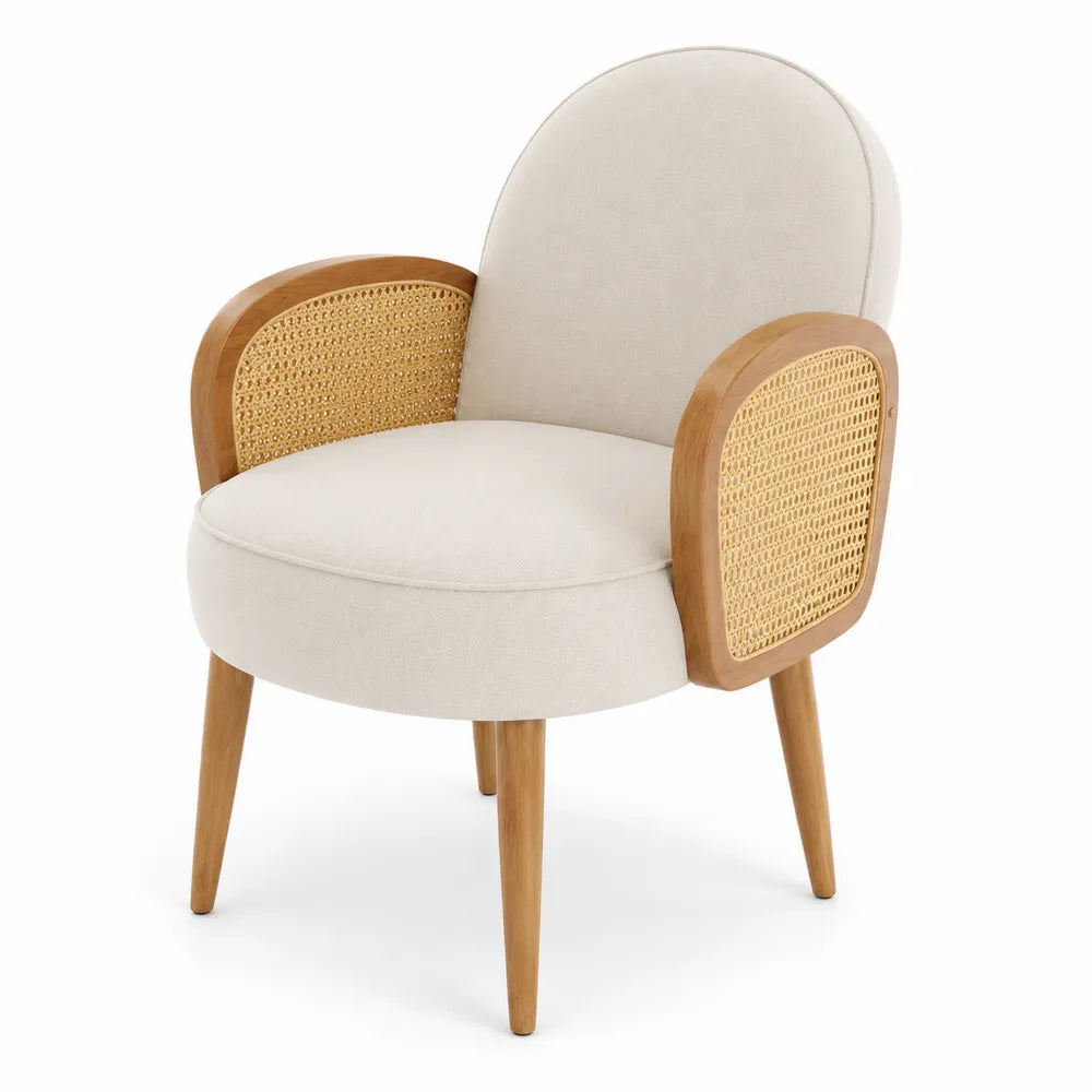 Fauteuil en tissu polyester avec accoudoirs en rotin et pieds en bois