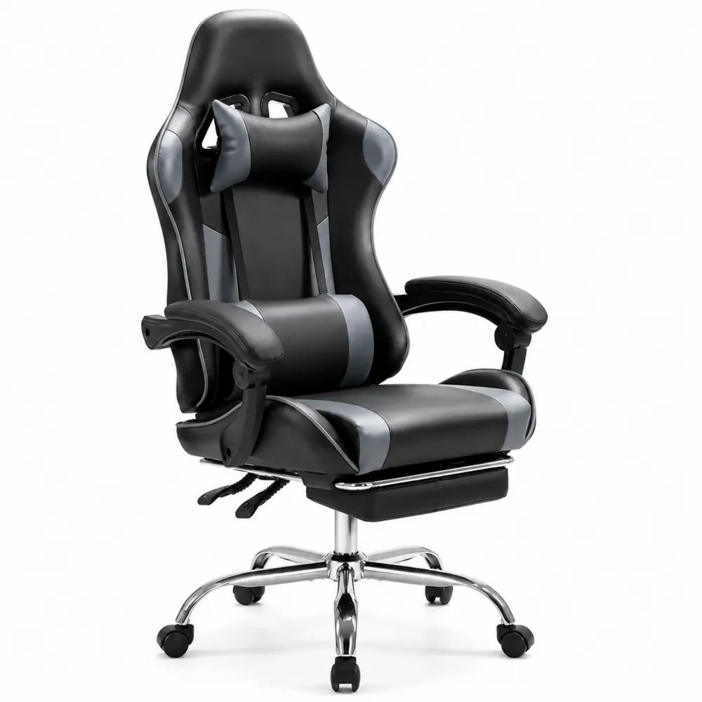 Chaise de bureau en cuir synthétique Noir/Gris avec repose-pieds