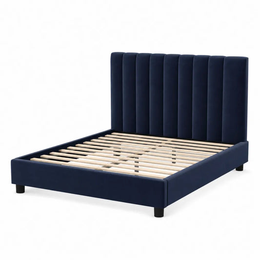 Lit double en velours bleu avec structure en pin