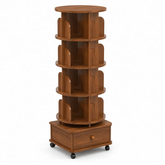Étagère rotative en bois avec tiroir et roulettes