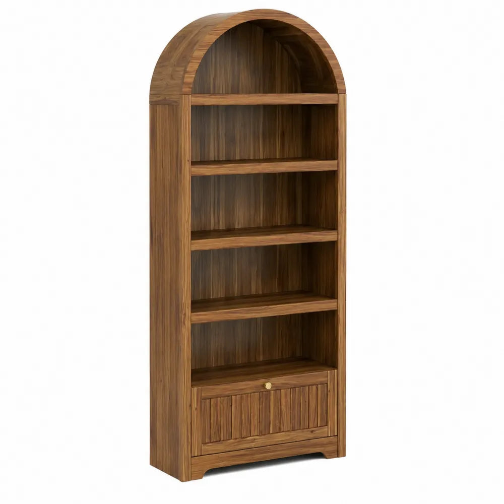 Bibliothèque en bois de teck brun avec étagères et arche 190 cm