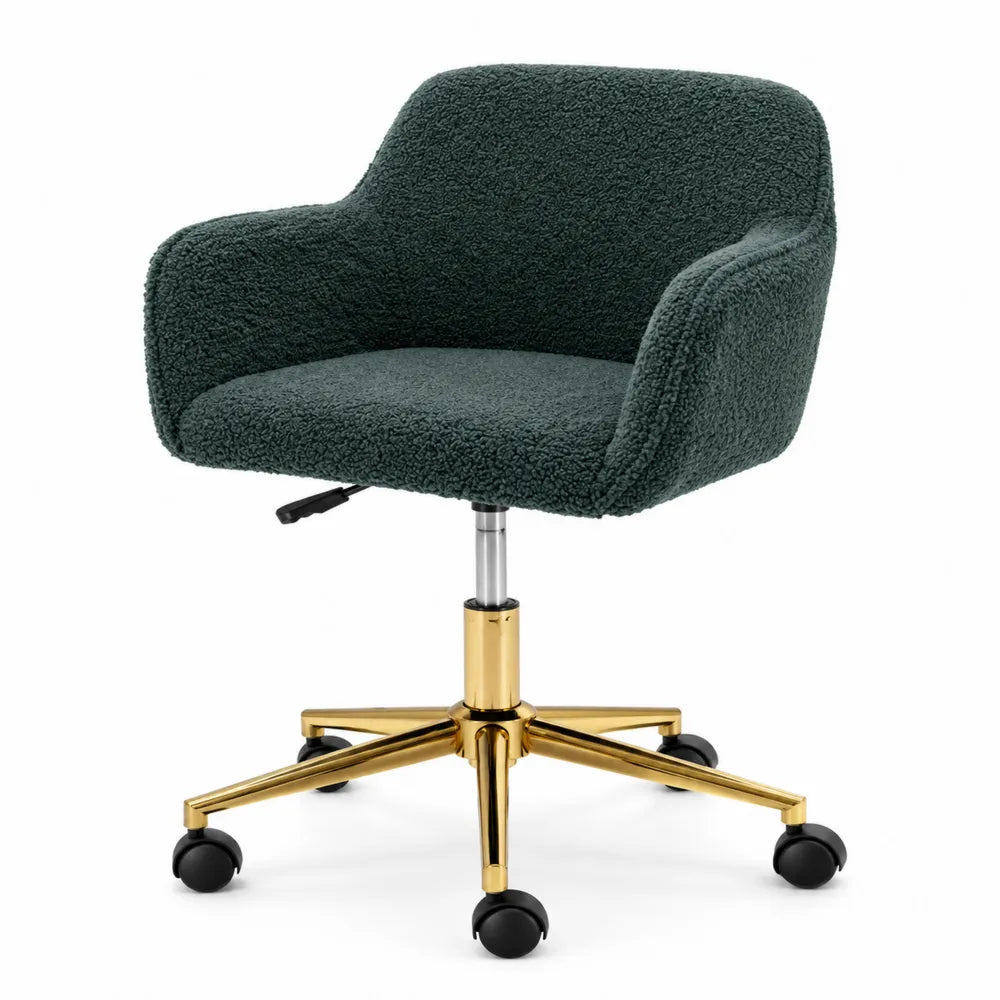 Chaise de bureau pivotante en tissu bouclé vert avec base métallique dorée