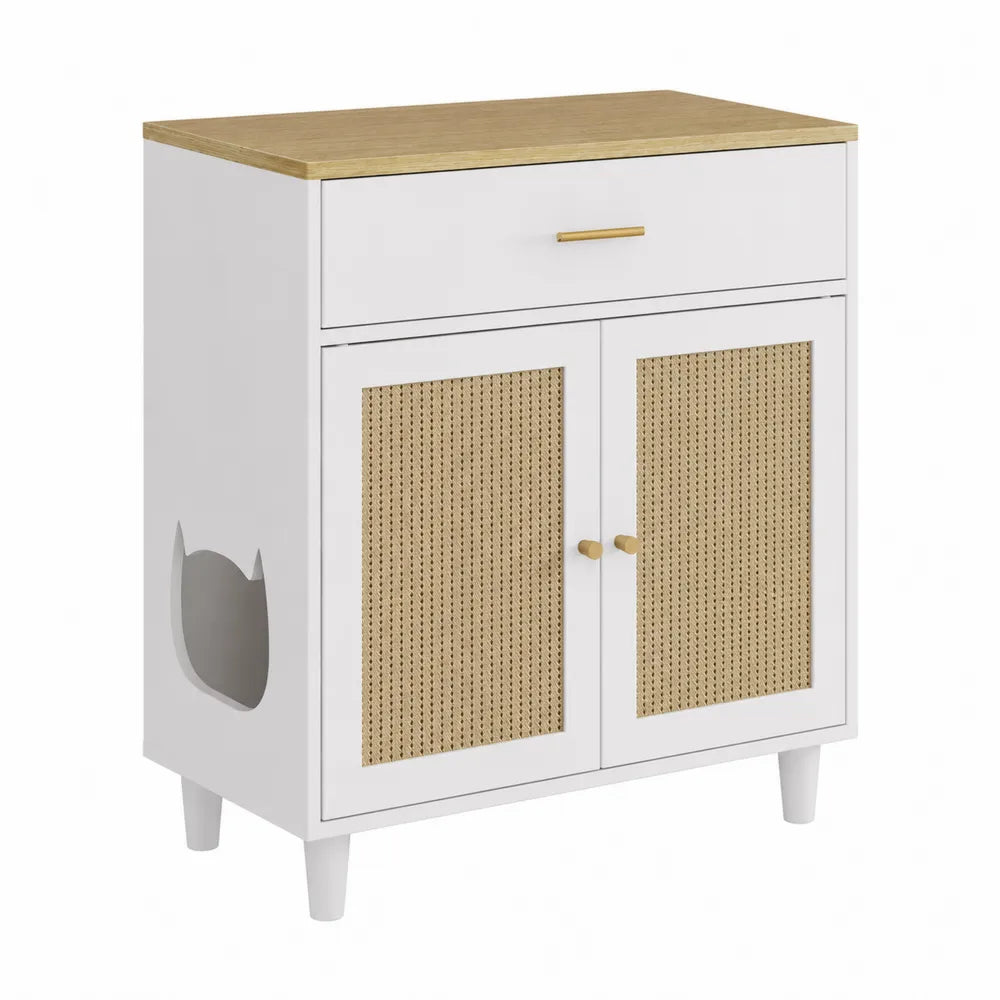 Buffet en bois blanc avec portes en rotin pour animaux