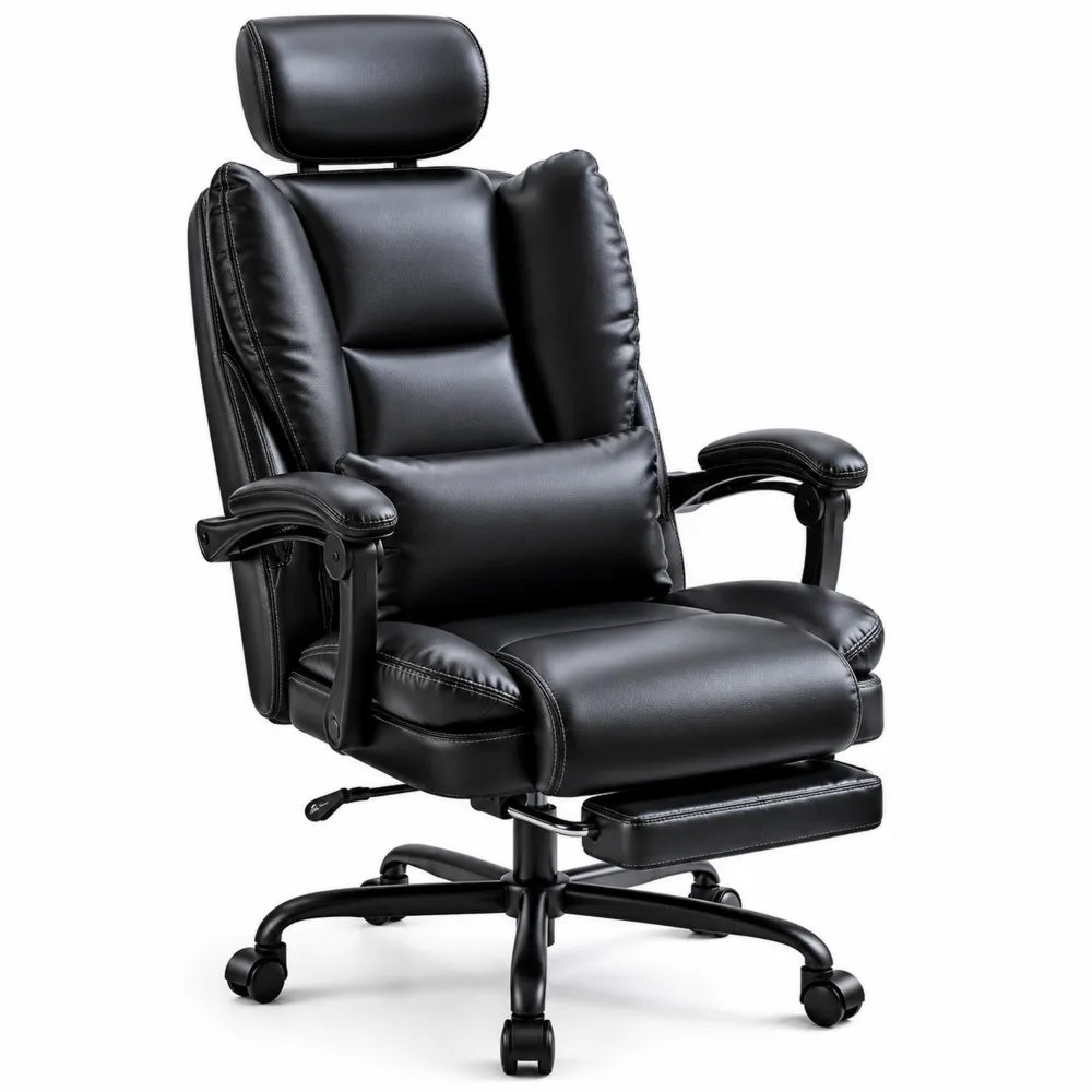 Chaise de bureau en cuir noir avec repose-pieds