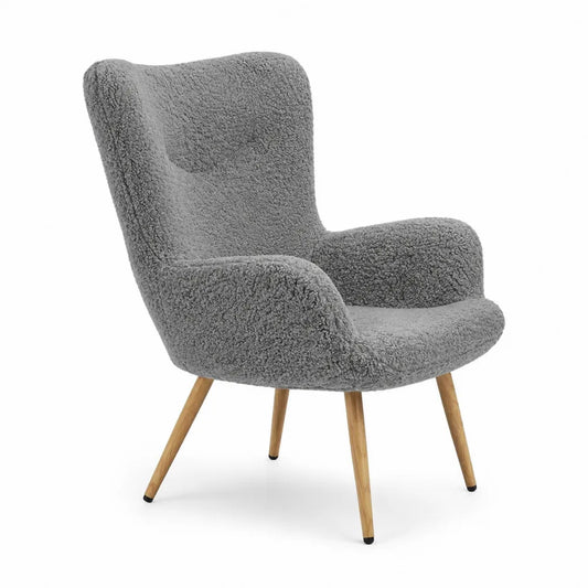 Fauteuil en tissu bouclé gris avec pieds en bois