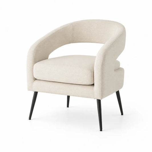Fauteuil en tissu beige avec pieds en métal
